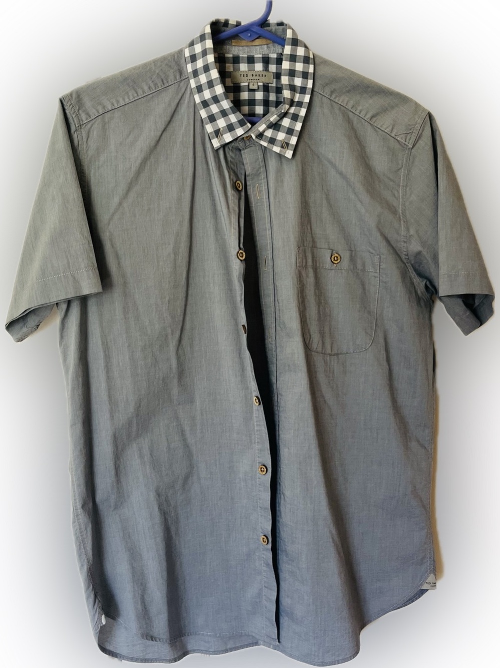 Ted Baker Men’s Blue Button Up Shirt Check Collar Short Sleeve Cotton Sz 4 Large